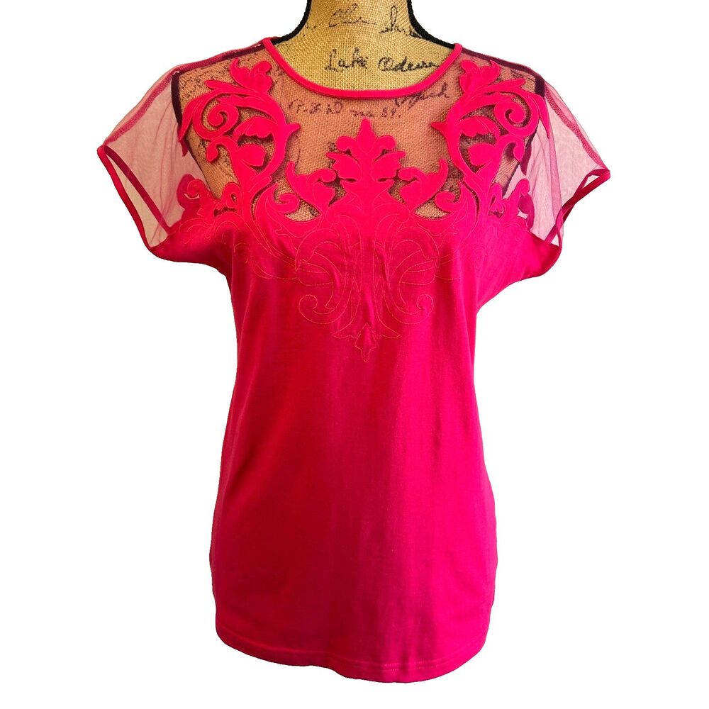 Leo Guy Paris Women Fuchsia Sheer Mesh Applique Embroidered Stretch Top Sz 2/M
